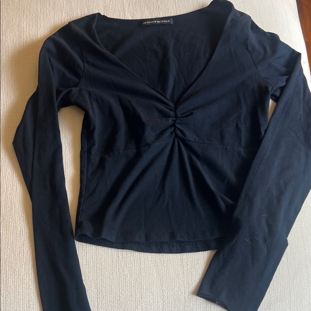 Brandy Melville  Navy Long-Sleeve ruched front V-Neck Top